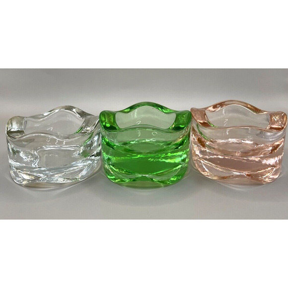 Glass Tealight Holders X3 Pink, Clear, Green Stacking Wavy Rim Thick Glass USED - Picture 1 of 7
